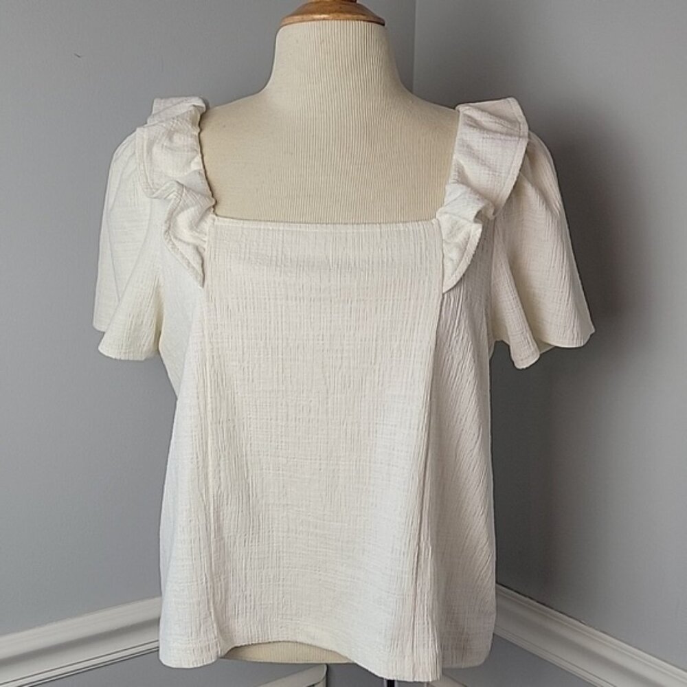 MADEWELL Ivory White Cross Hatched Square Neck Ruffle Short Sleeve Peasant Top L